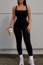 Schwarze, sexy, lässige Sportbekleidung, solide, rückenfreie, dünne Overalls mit U-Ausschnitt