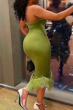 Армейский зеленый сексуальный однотонный лоскутное платье без рукавов с открытой спиной на тонких бретельках платья платья