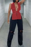 Red Sexy Casual Solid Bandage Asymmetrical Tops