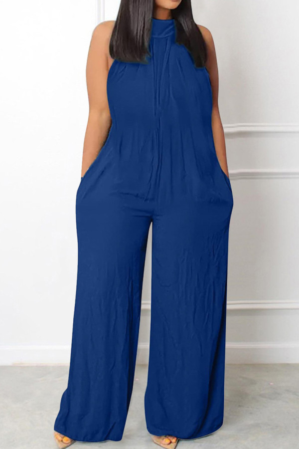 Marineblauw Casual Solid Basic Halve coltrui Normale jumpsuits