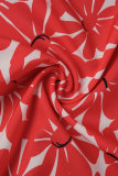 Röd sexig tryck patchwork knuten turndown krage kort ärm två delar