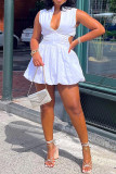 Weiße, sexy, lässige, süße, schlichte, einfarbige Minikleid-Kleider mit U-Ausschnitt