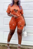 Tangerine Red Casual Print Letter O Neck Short Sleeve Two Pieces