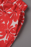 Rojo sexy estampado patchwork anudado cuello vuelto manga corta dos piezas