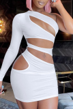 White Sexy Solid Hollowed Out Patchwork Oblique Collar One Step Skirt Dresses