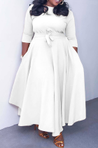 ホワイトエレガントなソリッドパッチワークOネックウエストスカートプラスサイズドレス(ベルト付き)