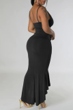 Черное повседневное однотонное платье в стиле пэчворк с открытой спиной и воланами на тонких бретельках Нерегулярное платье Платья