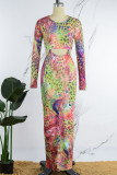 Multicolor Sexy Print Hollowed Out O Neck Long Sleeve Dresses