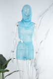 Bandagem Sólida Sexy Azul Céu Sem Costas Gola com Capuz Sem Mangas Duas Peças