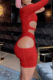 Vestidos de saia única com gola oblíqua em patchwork vazado sexy vermelho sexy