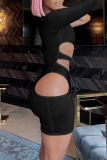 Vestidos de saia única com gola oblíqua preto sexy liso vazado