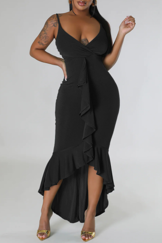 Schwarzes, lässiges, solides Patchwork-Kleid mit rückenfreiem Volant und Spaghettiträger und unregelmäßigem Kleid