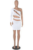 White Sexy Solid Hollowed Out Patchwork Oblique Collar One Step Skirt Dresses
