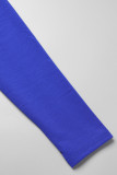 Vestidos casuais patchwork azul royal com decote em O e manga comprida