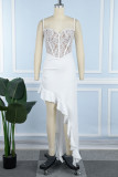 Белое сексуальное сплошное кружевное платье с воланами на тонких бретельках Нерегулярное платье Платья