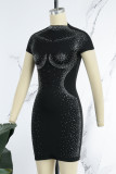 Black Casual Patchwork Hot Drill Half A Turtleneck Short Sleeve Dress