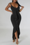 Schwarzes, lässiges, solides Patchwork-Kleid mit rückenfreiem Volant und Spaghettiträger und unregelmäßigem Kleid