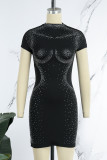 Black Casual Patchwork Hot Drill Half A Turtleneck Short Sleeve Dress