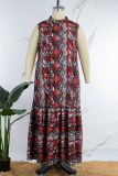 Rose rouge imprimé décontracté basique demi-col roulé longue robe grande taille robes