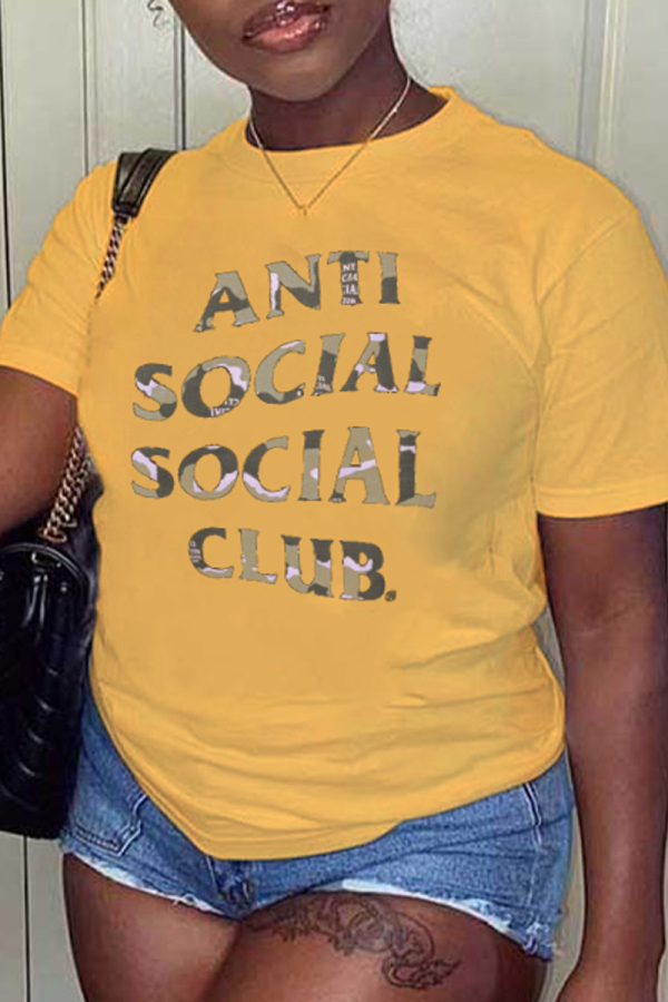 Camisetas con cuello en O de patchwork con estampado diario casual amarillo