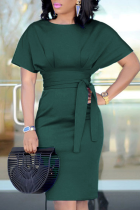 Verde tinta elegante sólido patchwork dobrado com zíper no pescoço vestidos saia enrolada (com cinto)