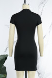Black Casual Patchwork Hot Drill Half A Turtleneck Short Sleeve Dress
