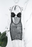 黒のセクシーなパッチワークホット掘削中空シースルーバックレススパゲッティストラップラップスカートドレス