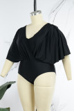 Black Sexy Solid Patchwork V Neck Plus Size Swimwear (With Paddings)