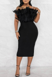 Black Elegant Solid Patchwork Feathers Backless Strapless Wrapped Skirt Dresses