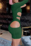 アーミーグリーンのセクシーなソリッド中空パッチワーク斜め襟ワンステップスカートドレス