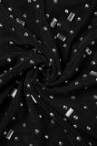 Schwarze sexy Patchwork-Hot Drilling rückenfreie Skinny-Jumpsuits mit Spaghettiträgern (je nach tatsächlichem Objekt)