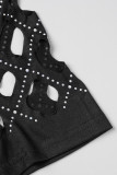 Camisetas pretas casuais sólidas vazadas patchwork Hot Drill decote em V