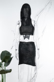 Black Sexy Solid Asymmetrical Hooded Collar Sleeveless Two Pieces