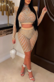 Apricot Elegant Solid Mesh Hot Drill Half A Turtleneck Long Sleeve Two Pieces Crop Top And Short Set