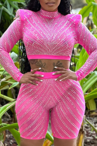 Pink Elegant Solid Mesh Hot Drill Half A Turtleneck Long Sleeve Two Pieces Crop Top And Short Set