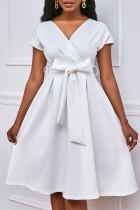 Weiße, lässige, solide Patchwork-Kleider in A-Linie mit V-Ausschnitt