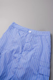 Синяя повседневная полосатая обычная юбка с карманами и разрезом с высокой талией