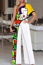 Yellow White Casual Print Patchwork Oblique Collar Regular Jumpsuits