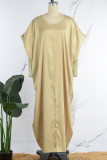 Земно-желтые повседневные однотонные лоскутные платья с круглым вырезом и длинными рукавами Платья