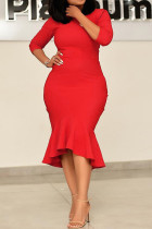 Red Casual Solid Basic O Neck Trumpet Mermaid Plus Size Dresses