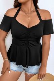 Black Casual Solid Patchwork Off the Shoulder Plus Size Tops