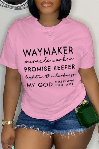 T-shirt con collo a O di base con stampa di lettere casual rosa