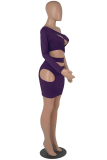 Purple Sexy Solid Hollowed Out Patchwork Oblique Collar One Step Skirt Dresses