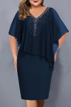 Темно-синие повседневные платья в стиле пэчворк с V-образным вырезом и юбкой на один шаг