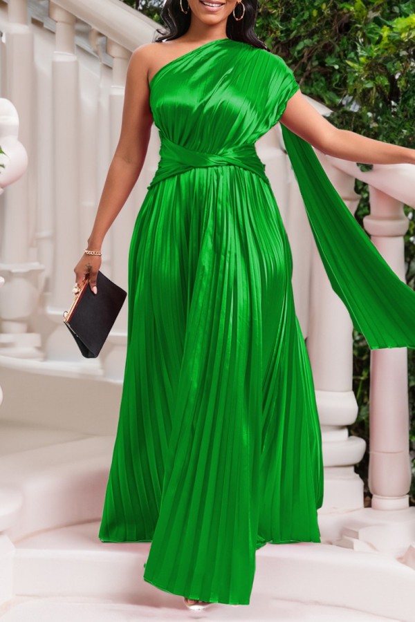 グリーン カジュアル ソリッド フォールド オブリーク カラー ロング ドレス ドレス