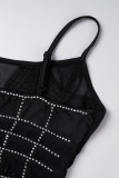 Noir Sexy Patchwork Hot Drilling See-through Backless Spaghetti Strap Enveloppé Jupe Robes