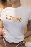 White Casual Street Gradual Change Print Patchwork Letter O Neck T-Shirts