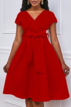 Rode casual effen patchwork V-hals A-lijn jurken