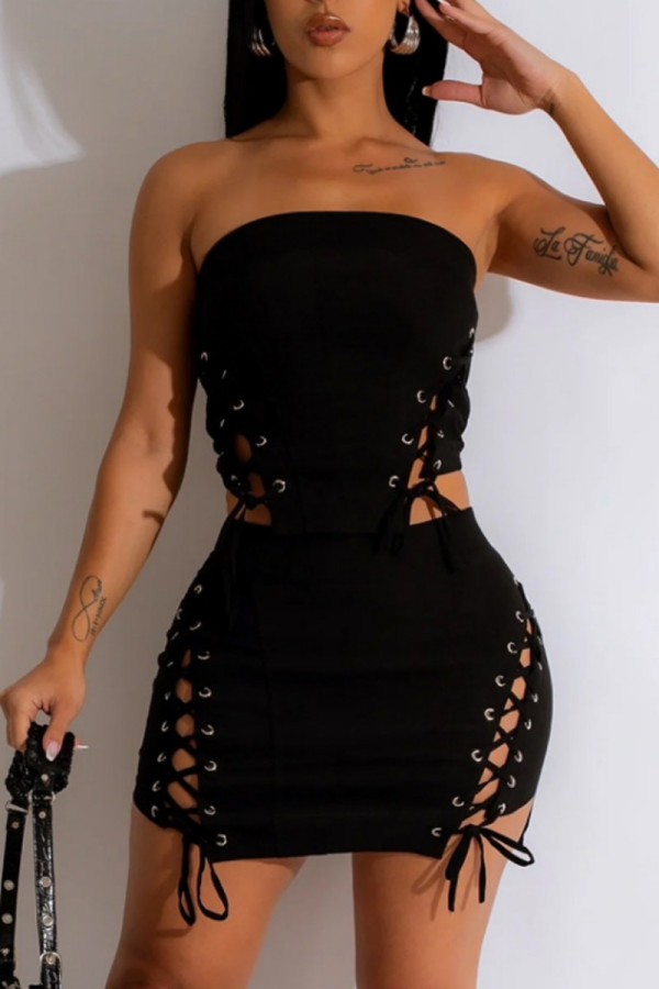 Black Sexy Casual Solid Frenulum Backless Strapless Sleeveless Two Pieces