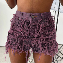 Púrpura calle sólido borla patchwork bolsillo flaco cintura baja recto color sólido parte inferior